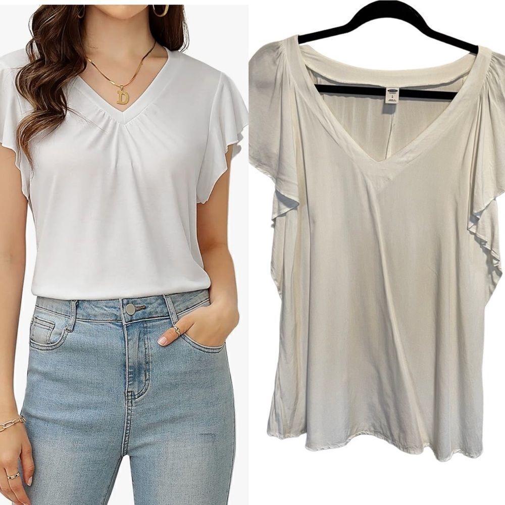 Old Navy- Women’s White V-Neck Summer Petal Cap Sleeve Casual Blouse, Size Large